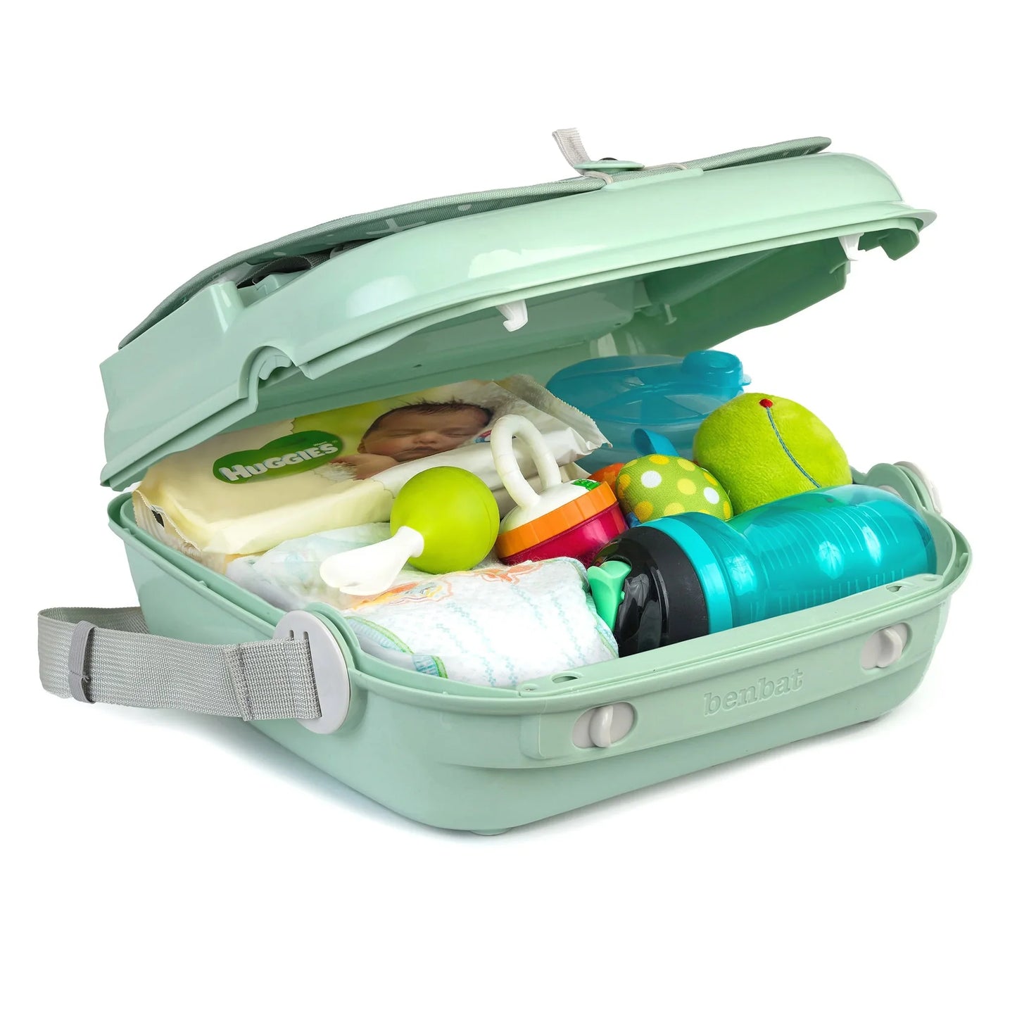 Mint green toy organizer with baby toys and Huggies packaging on a white background