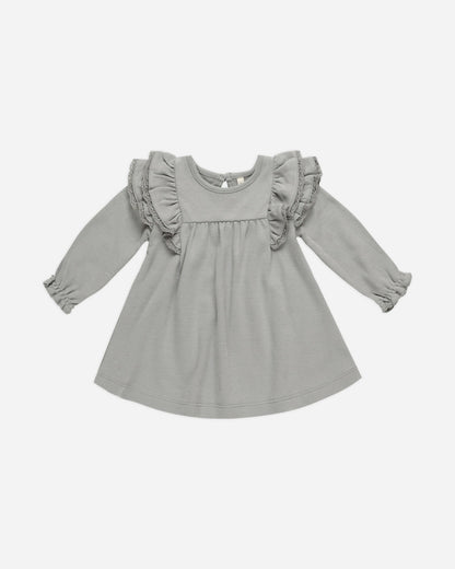 Long Sleeve Flutter Dress - || -  Dusty Blue
