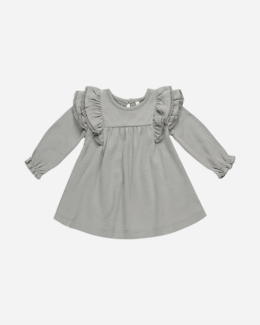 Long Sleeve Flutter Dress - || -  Dusty Blue