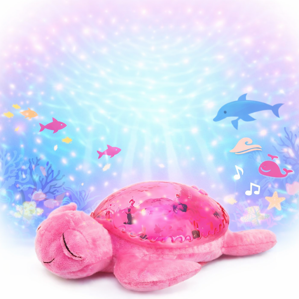 Pink plush turtle toy with a light on a colorful underwater-themed background