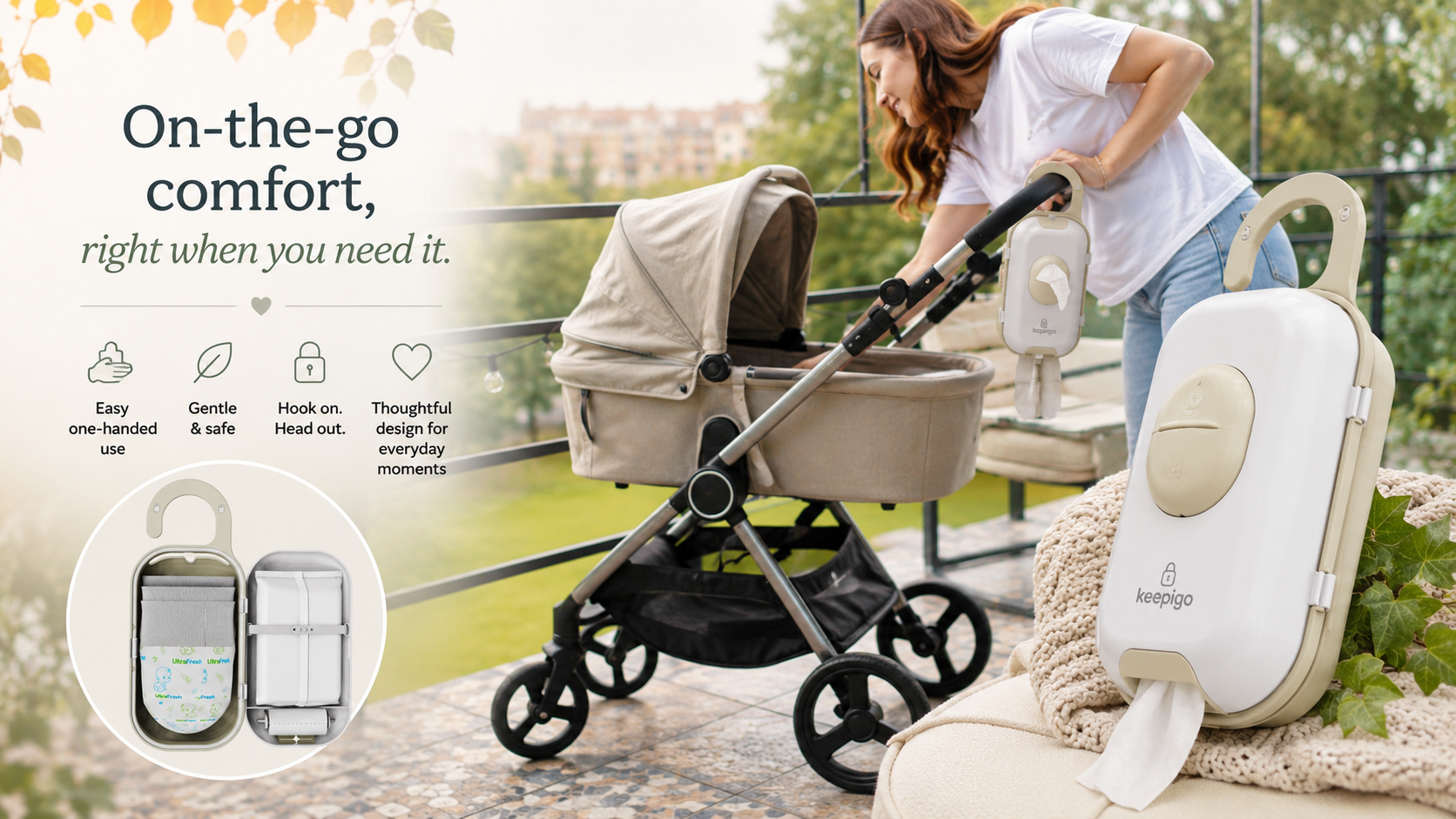 Woman pushing a stroller with a baby carrier attached, outdoor setting featuring a wipe and diaper holder by Keepigo for convenience in changing a babies diaper while not at home. 