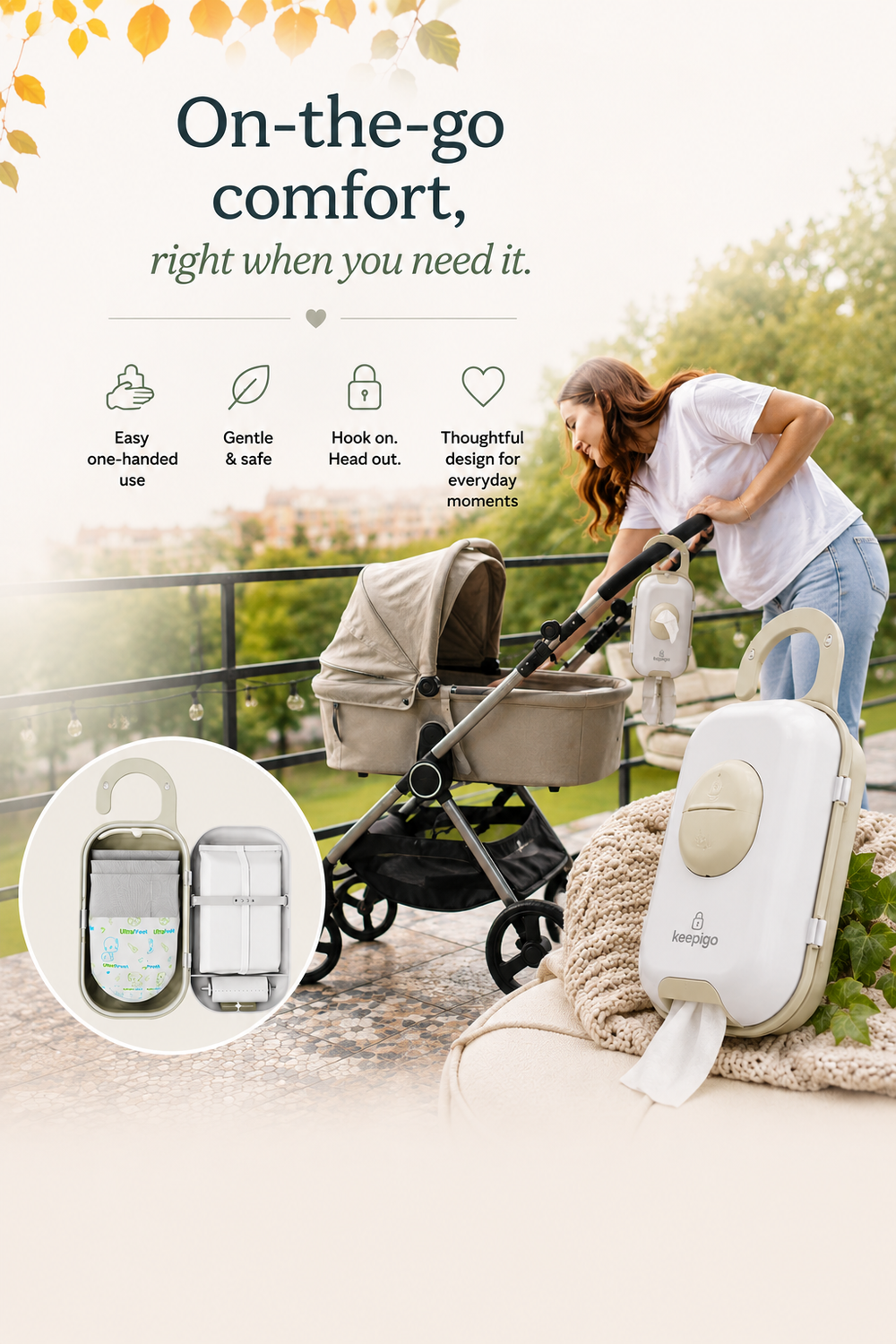 Woman pushing a stroller with a baby carrier attached, outdoor setting.