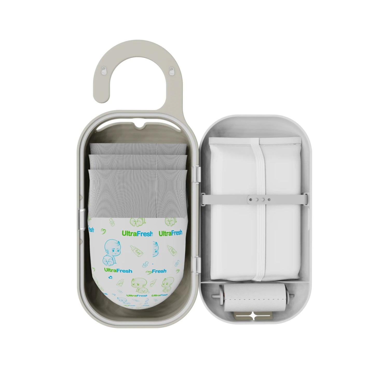Gray hanging organizer with baby socks and a small device on a white background
