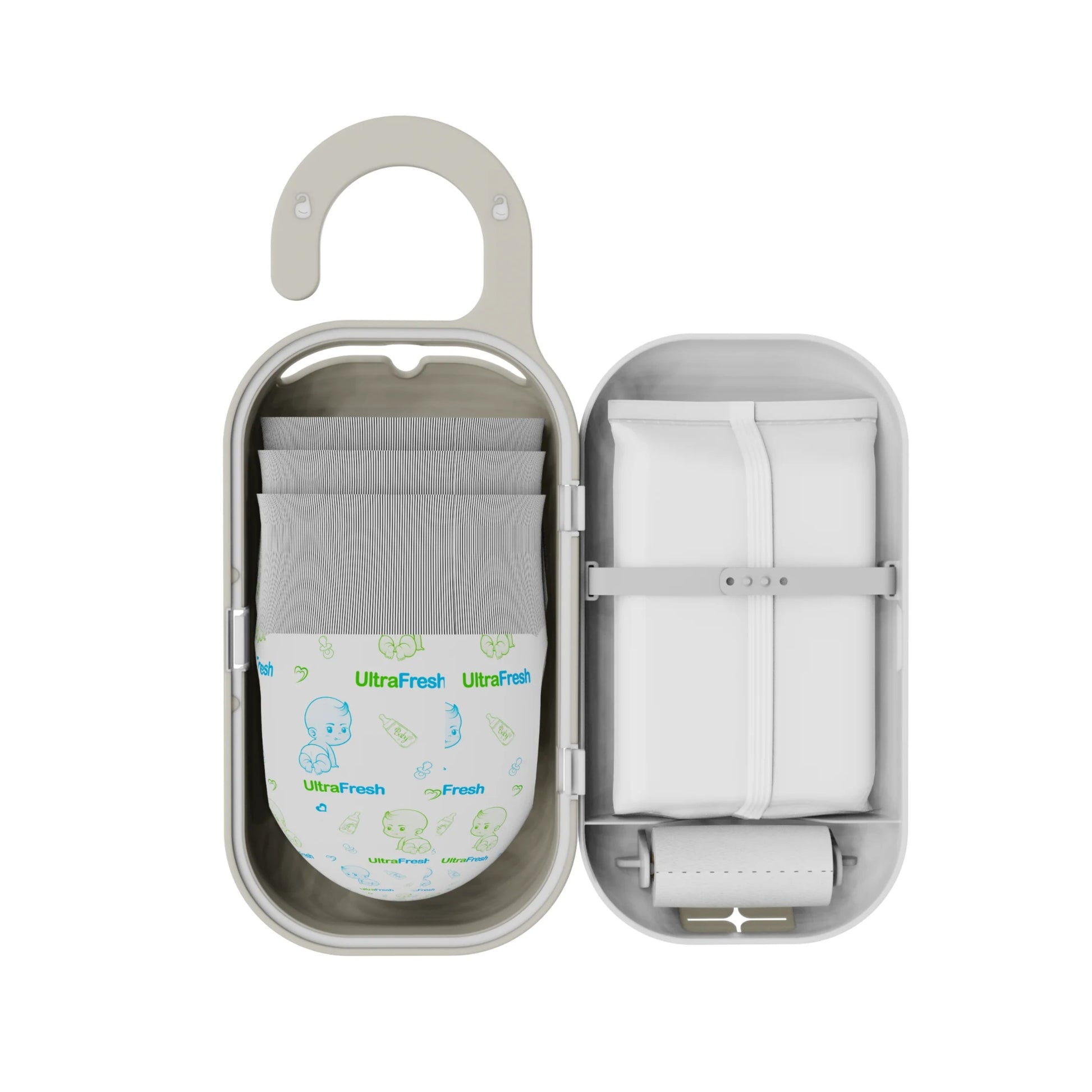 Gray hanging organizer with baby socks and a small device on a white background