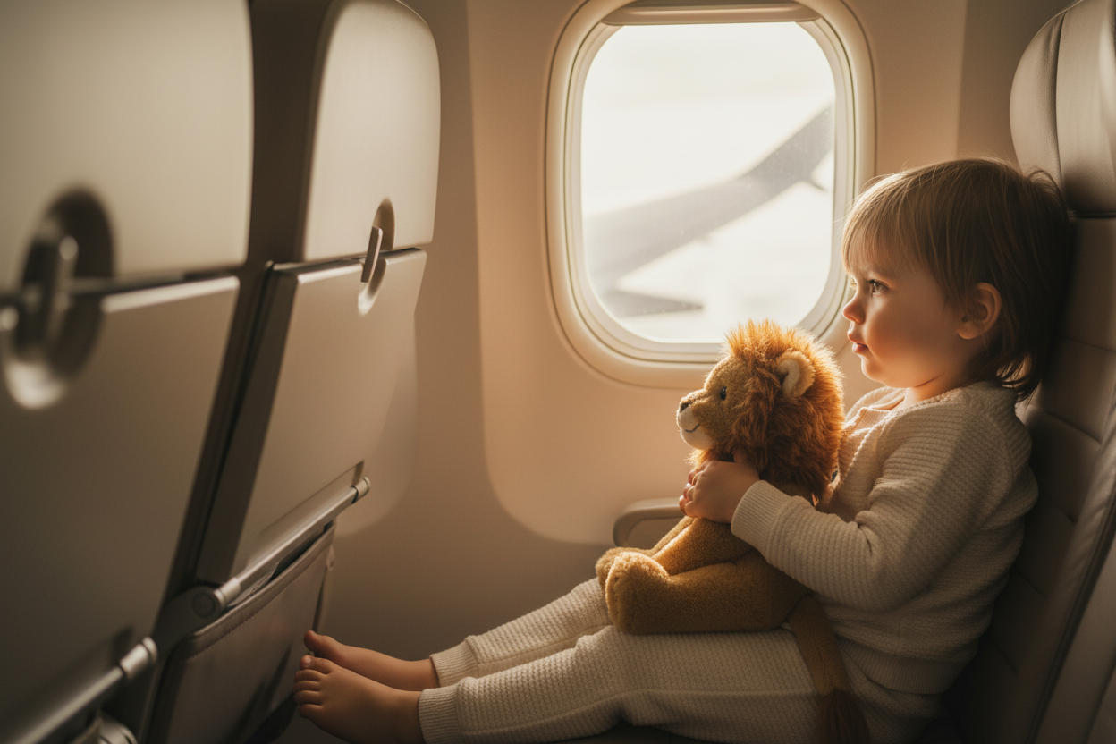 child on an airplane with a plush toy lion on her lap